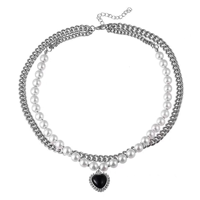 Black Heart Pearl Necklace - Standart / Silver - Necklace