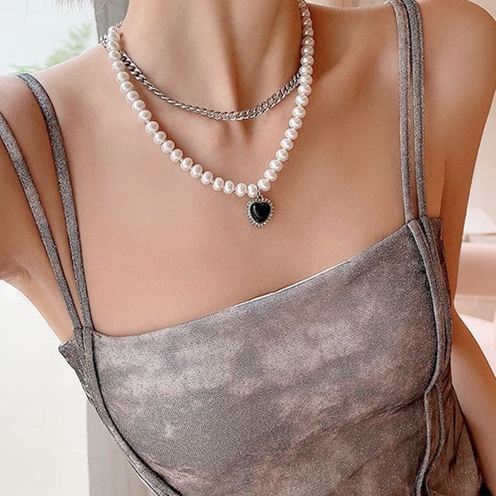 Black Heart Pearl Necklace - Standart / Silver - Necklace