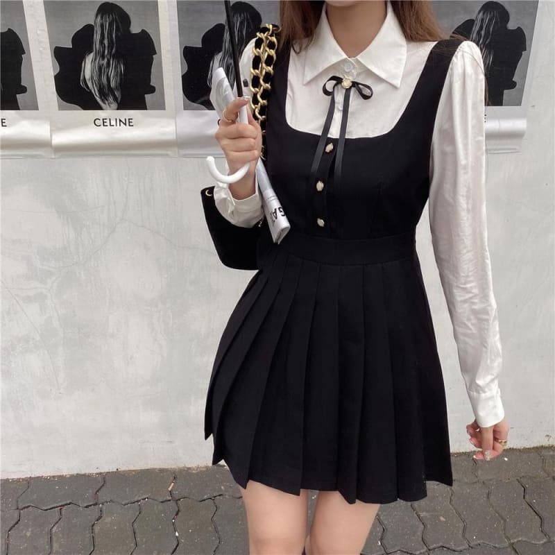 Black/Khaki Puff Long Sleeve Shirt Patchwork Ruched Dress