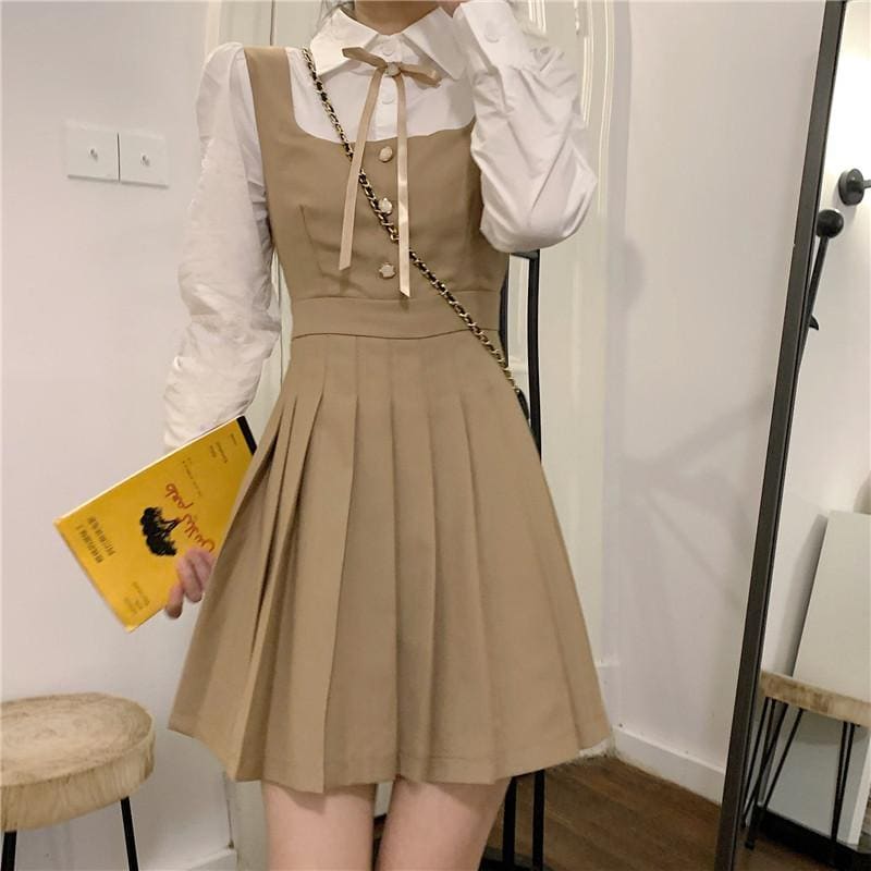 Black/Khaki Puff Long Sleeve Shirt Patchwork Ruched Dress