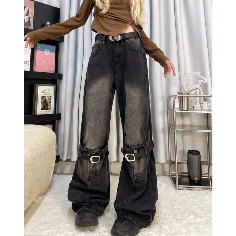 Black Knee Buckle Jeans - Jeans