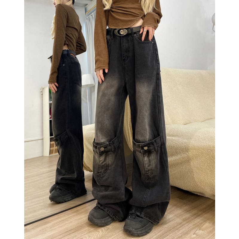 Black Knee Buckle Jeans - Jeans