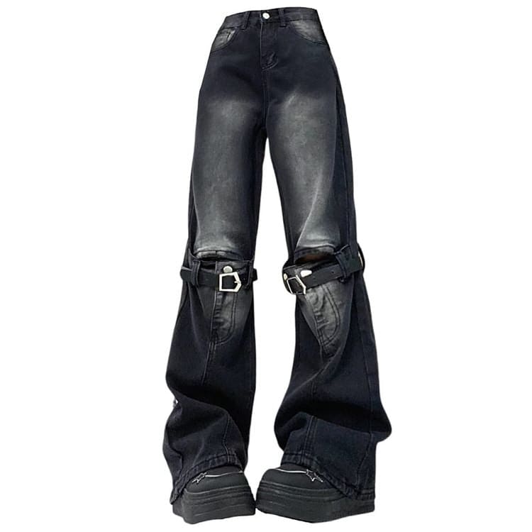 Black Knee Buckle Jeans - S / Black - Jeans