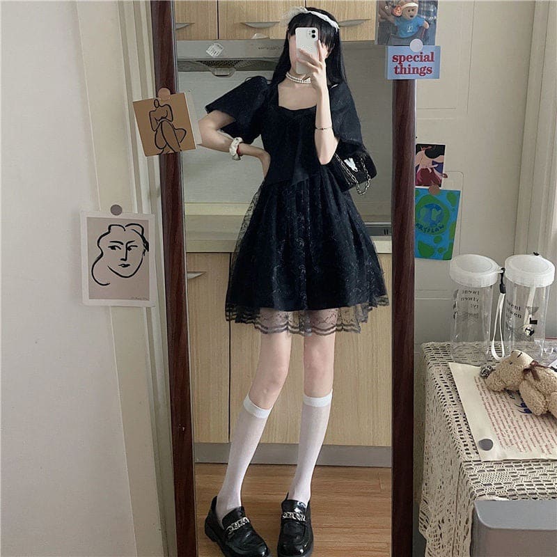 Black Lace Bow Knot Square Collar Tulle Dress