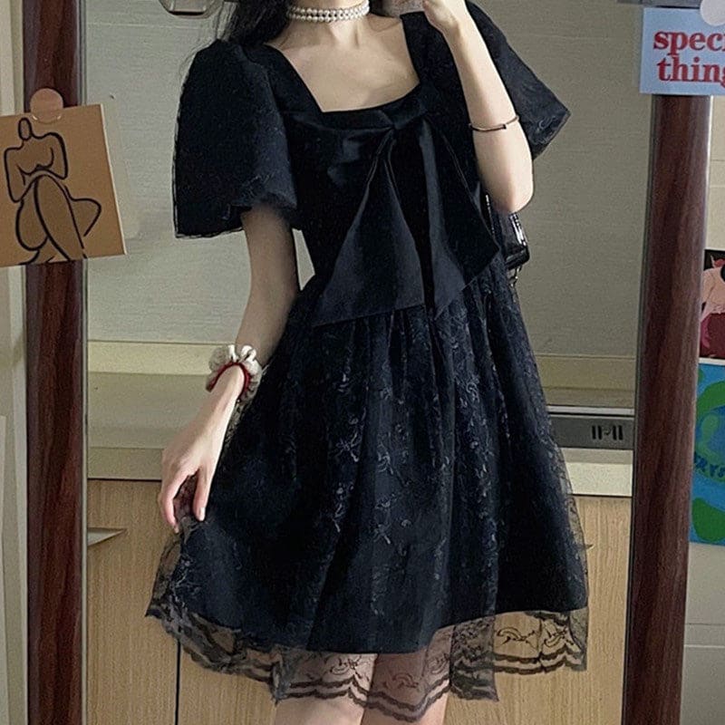 Black Lace Bow Knot Square Collar Tulle Dress - Black / S