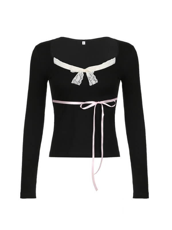 Black Lace Bow Top - long sleeve tops