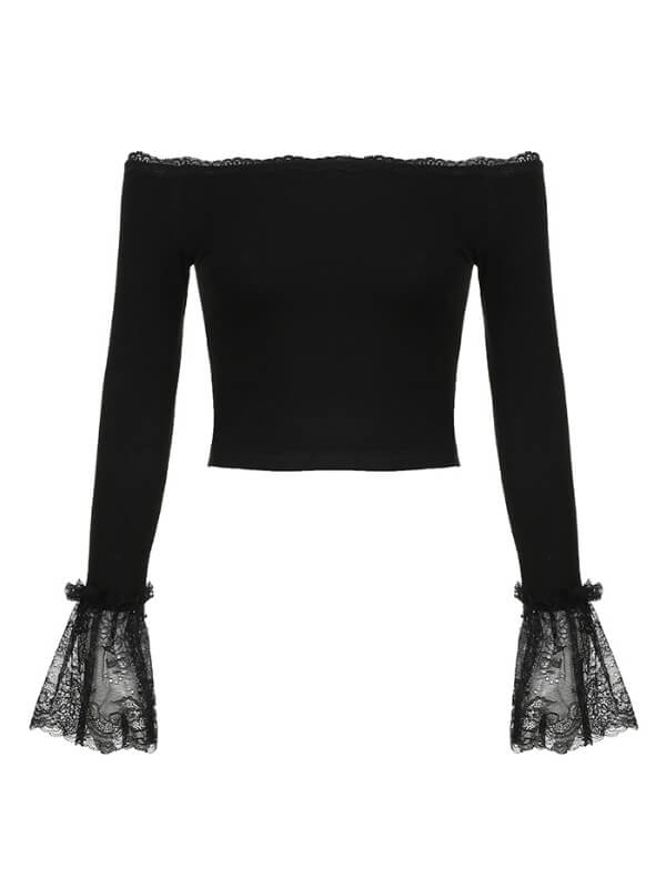 Black Lace Sleeve Top - long sleeve tops