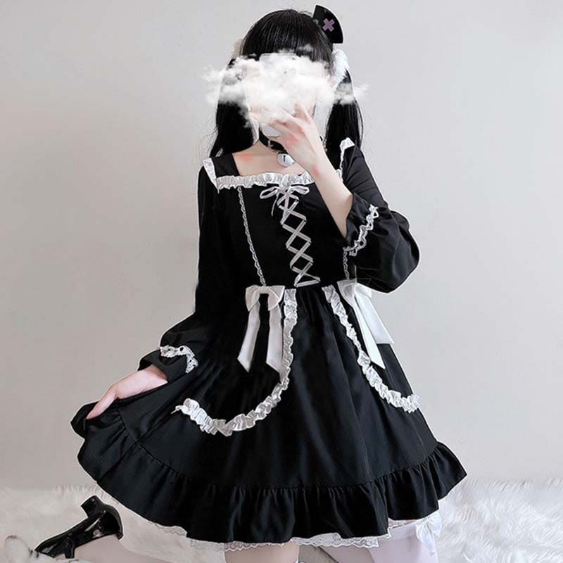 Black Lace Up Lolita Bow-Knot Maid Dress - Black / One Size