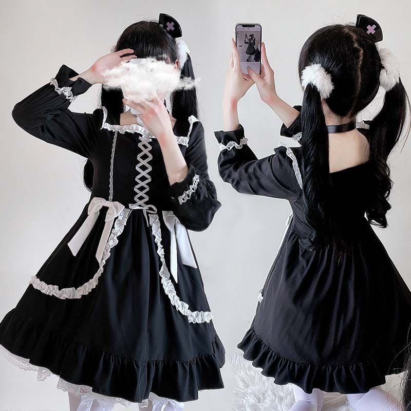 Black Lace Up Lolita Bow-Knot Maid Dress - Black / One Size