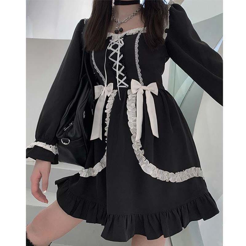 Black Lace Up Lolita Bow-Knot Maid Dress - Black / One Size