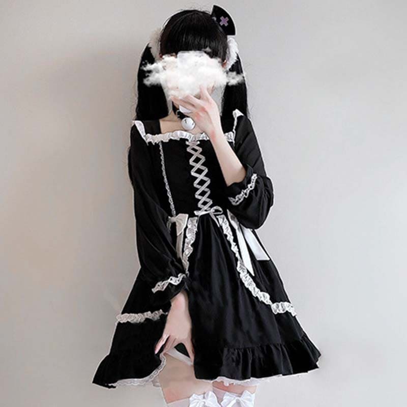 Black Lace Up Lolita Bow-Knot Maid Dress - Black / One Size