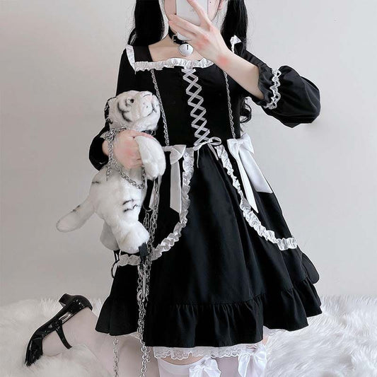 Black Lace Up Lolita Bow-Knot Maid Dress - Black / One Size