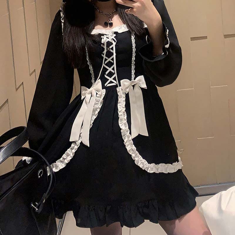 Black Lace Up Lolita Bow-Knot Maid Dress - Black / One Size