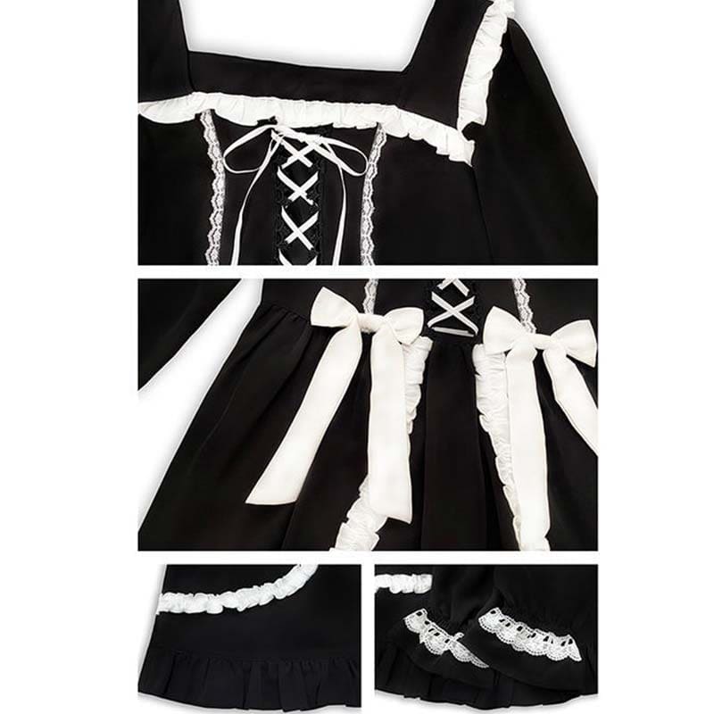 Black Lace Up Lolita Bow-Knot Maid Dress - Black / One Size