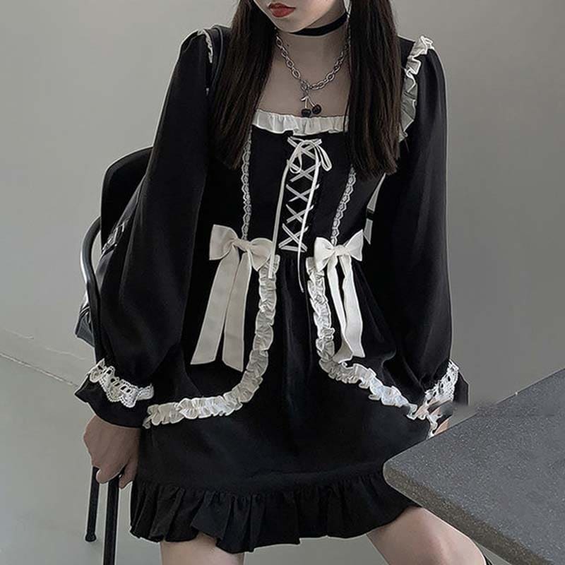 Black Lace Up Lolita Bow-Knot Maid Dress - Black / One Size