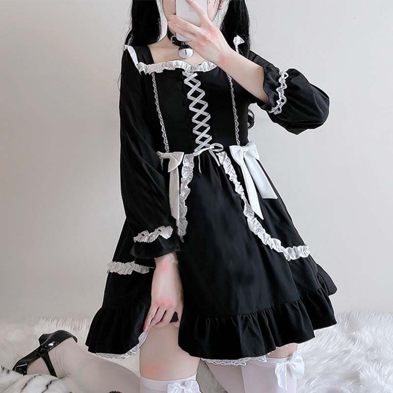 Black Lace Up Lolita Bow-Knot Maid Dress - Black / One Size