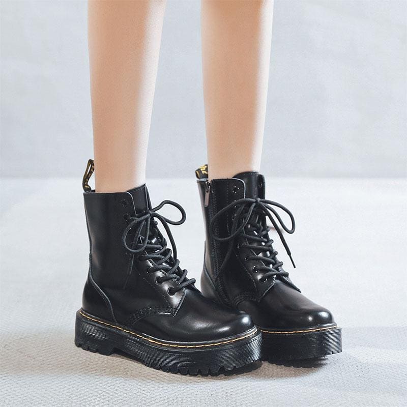 Black Leather Platform Lace Up Martin Boots