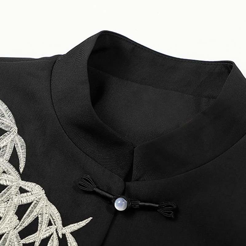 Black Leaves Long Sleeve Shirt Embroideried Pleated Skirt