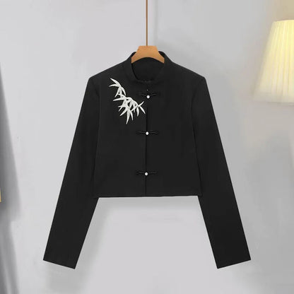 Black Leaves Long Sleeve Shirt Embroideried Pleated Skirt