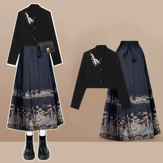 Black Leaves Long Sleeve Shirt Embroideried Pleated Skirt