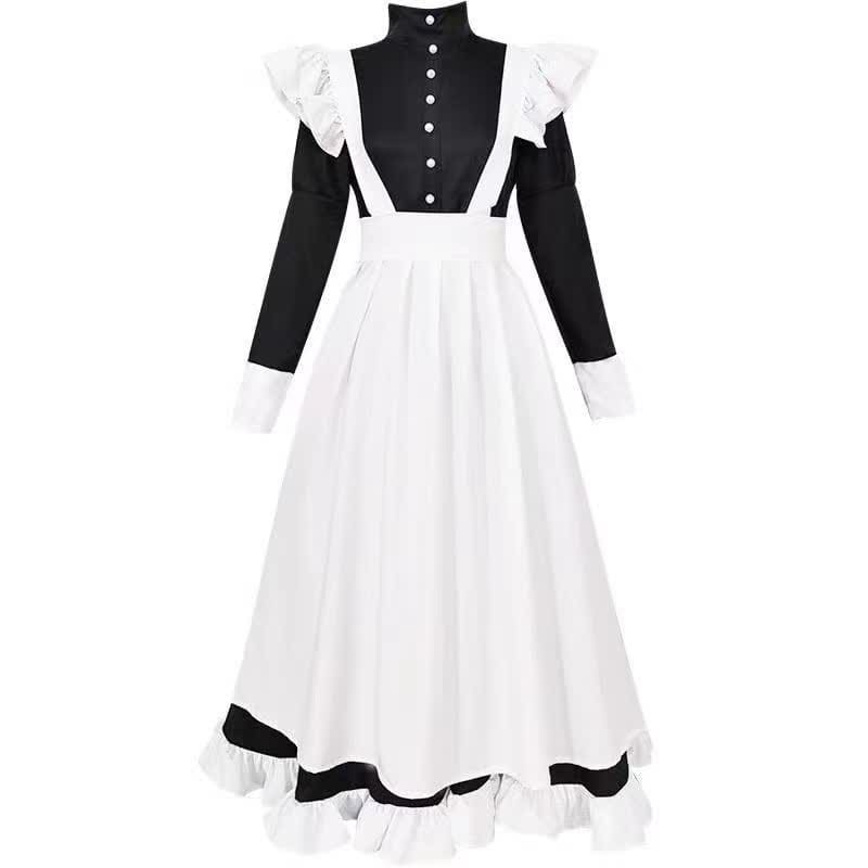 Black Neutral Button Ruffled Maid Dress - Black / S