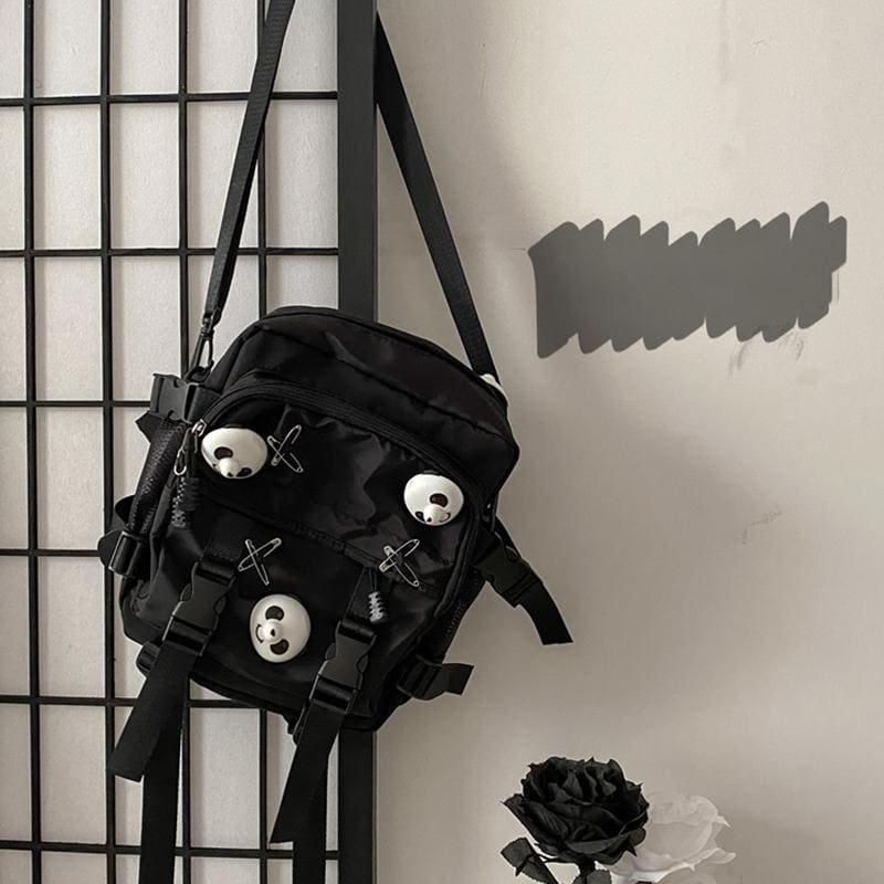 Black Panda Pin Backpack Crossbody Bag