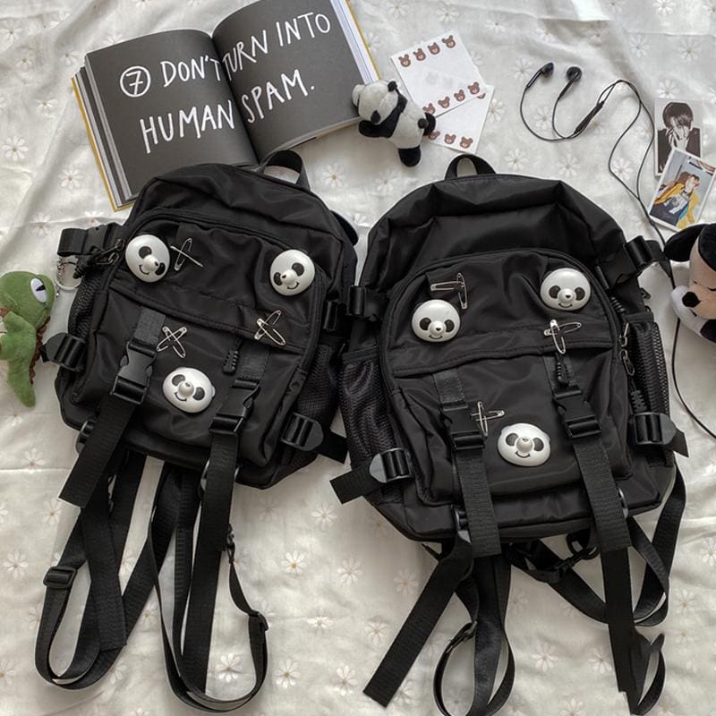 Black Panda Pin Backpack Crossbody Bag - Black / S