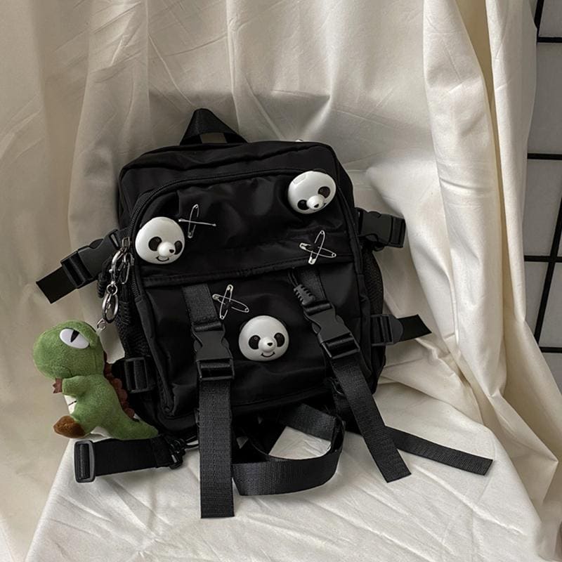 Black Panda Pin Backpack Crossbody Bag - Black