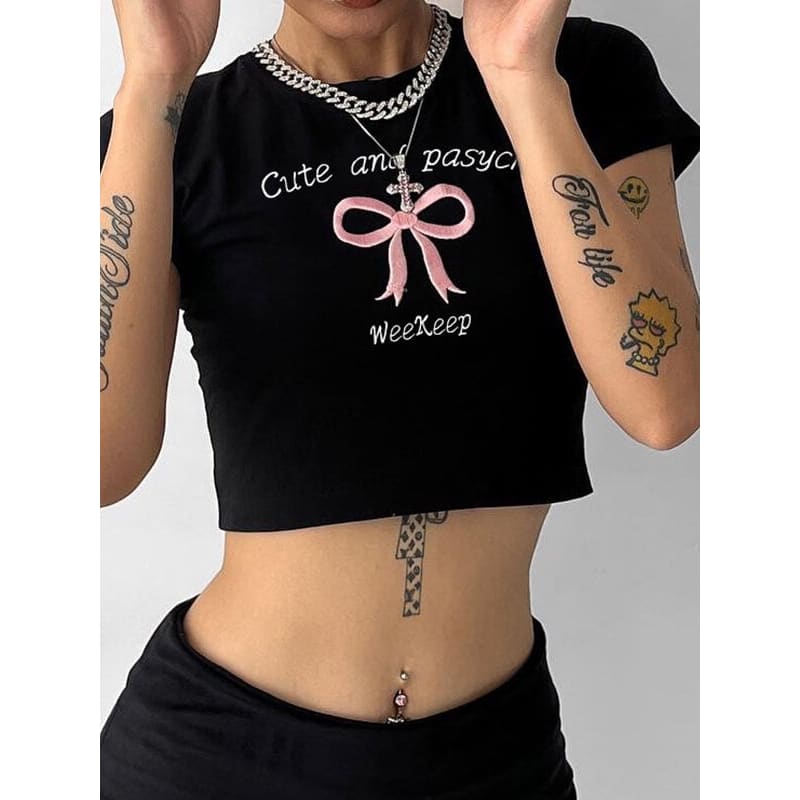 Black Pink Bow Short Top - short sleeve tops