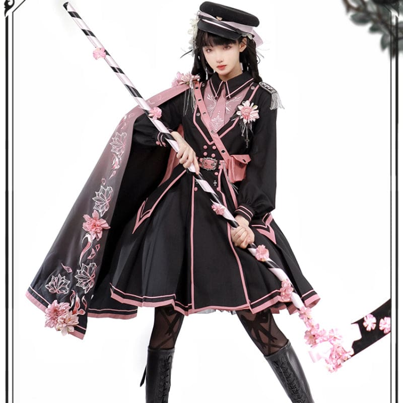 Black Pink Military Lolita Cape and Dress ON1089 MK Kawaii Store