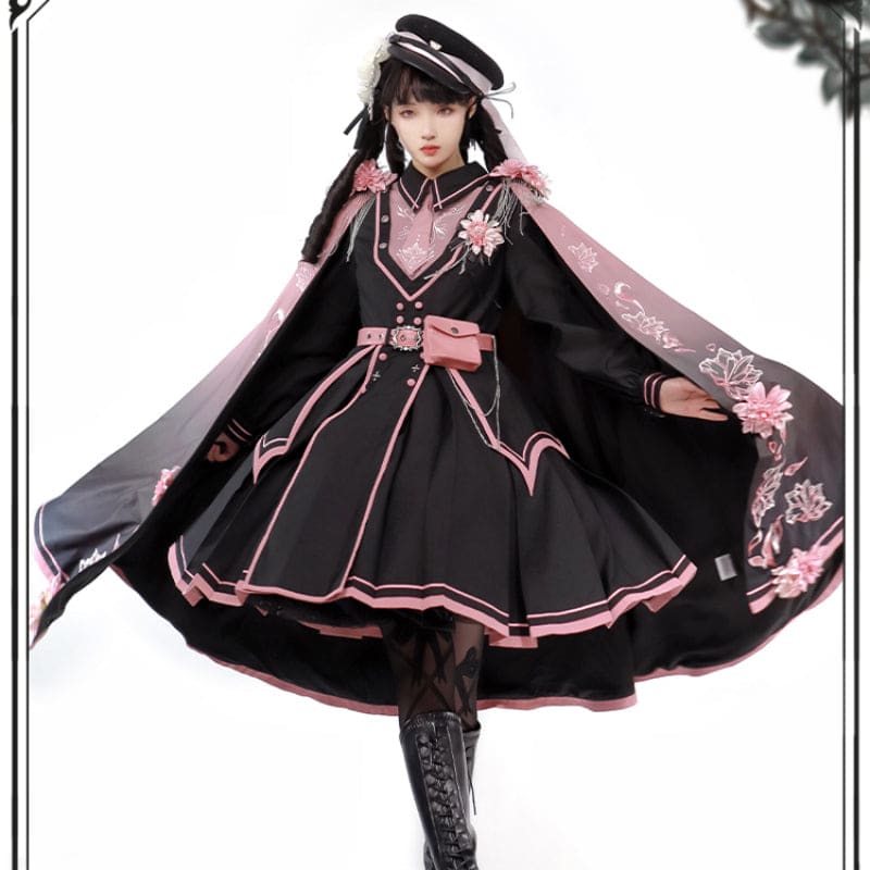 Black Pink Military Lolita Cape and Dress ON1089 MK Kawaii Store