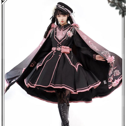 Black Pink Military Lolita Cape and Dress ON1089 MK Kawaii Store