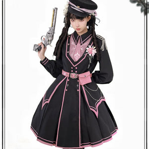 Black Pink Military Lolita Cape and Dress ON1089 MK Kawaii Store