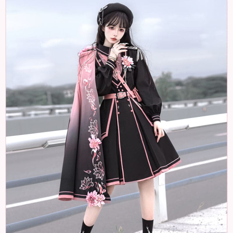 Black Pink Military Lolita Cape and Dress ON1089 MK Kawaii Store