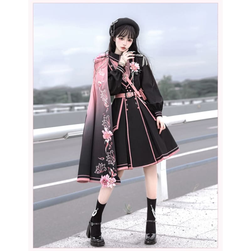 Black Pink Military Lolita Cape and Dress ON1089 MK Kawaii Store