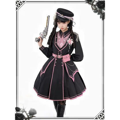 Black Pink Military Lolita Cape and Dress ON1089 MK Kawaii Store