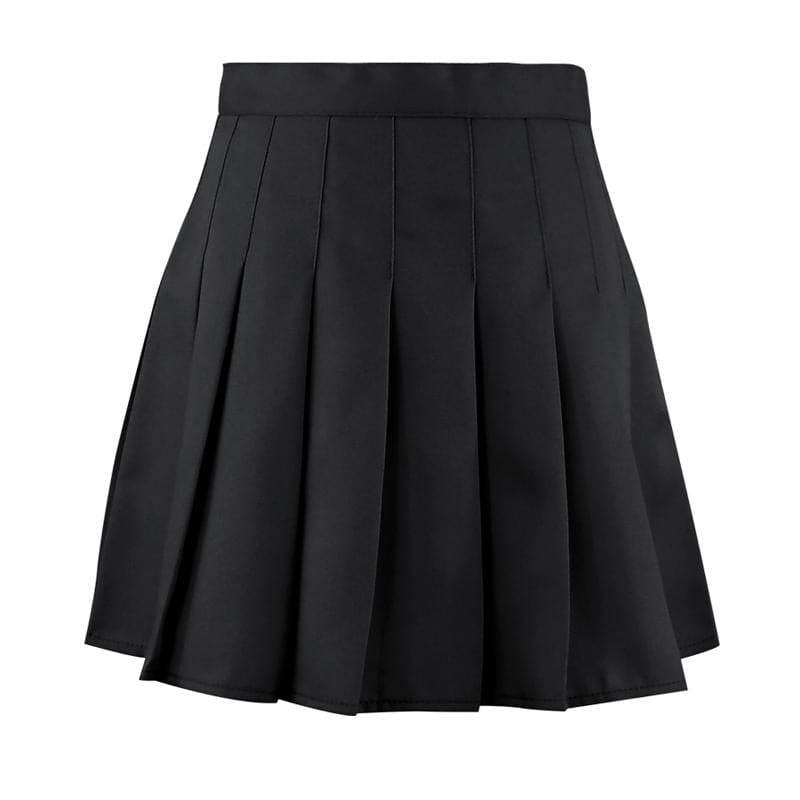 Black Pleated High Waist College Style Mini Skirt - Black