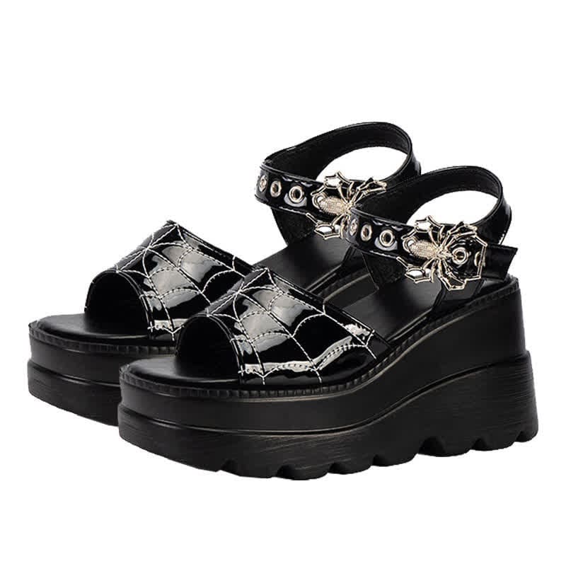 Black Punk Goth Spider Web Buckle Wedge Sandals - Black