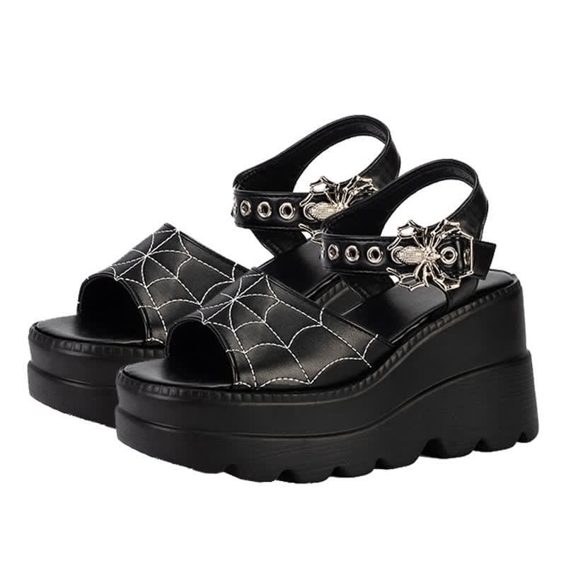 Black Punk Goth Spider Web Buckle Wedge Sandals - Black B