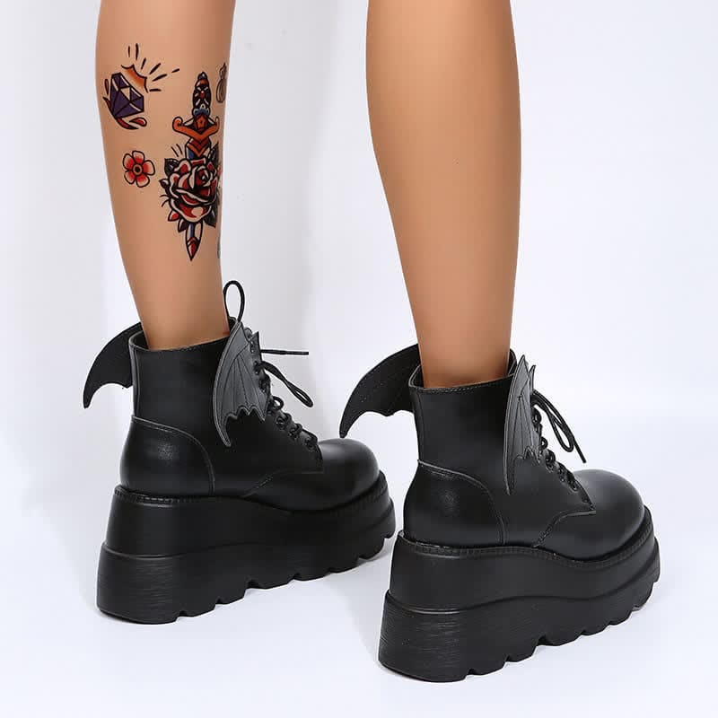 Black Punk Goth Wings Lace Up High Wedge Boots