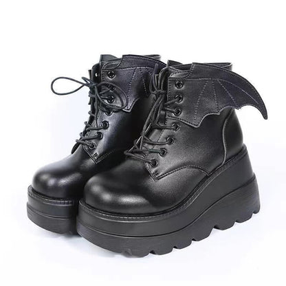 Black Punk Goth Wings Lace Up High Wedge Boots - Black