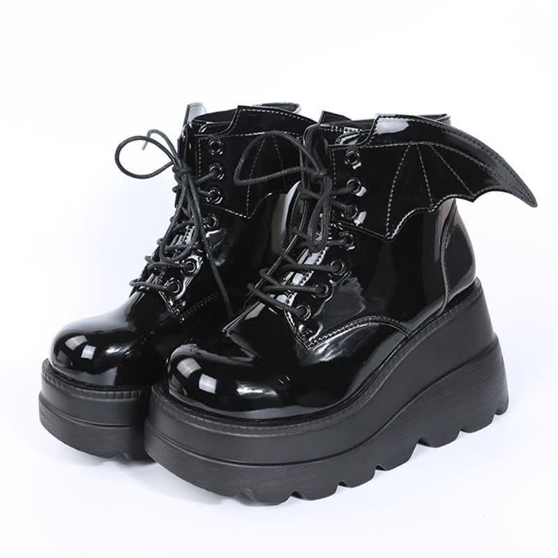 Black Punk Goth Wings Lace Up High Wedge Boots - Black B