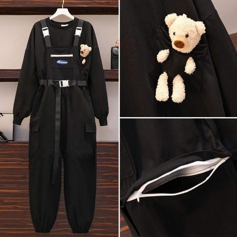 Black/Purple Cute Bear Pullover and Jumsuit Black Overalls