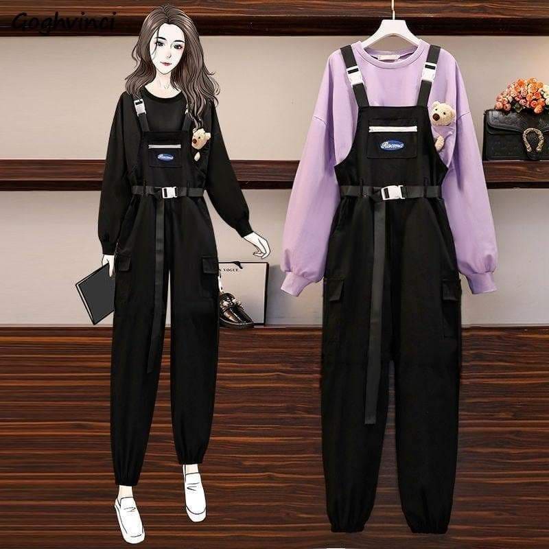 Black/Purple Cute Bear Pullover and Jumsuit Black Overalls