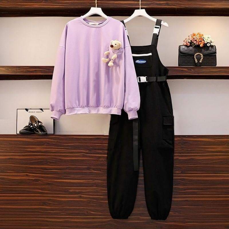 Black/Purple Cute Bear Pullover and Jumsuit Black Overalls