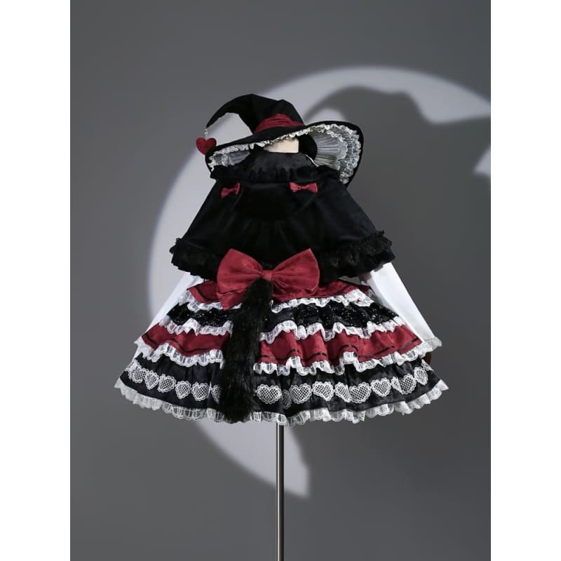 Black Red Bow with Lace Halloween Witch Hat - Black & Red