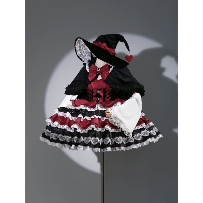 Black Red Bow with Lace Halloween Witch Hat - Black & Red