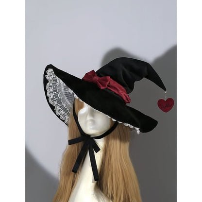 Black Red Bow with Lace Halloween Witch Hat - Black & Red