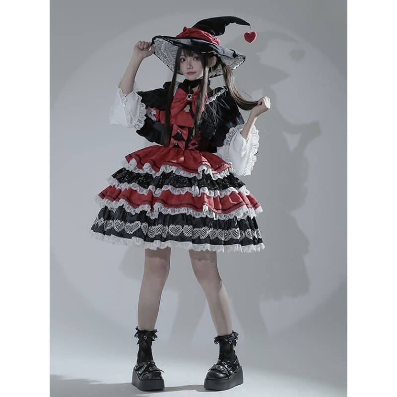 Black Red Bow with Lace Halloween Witch Hat - Black & Red