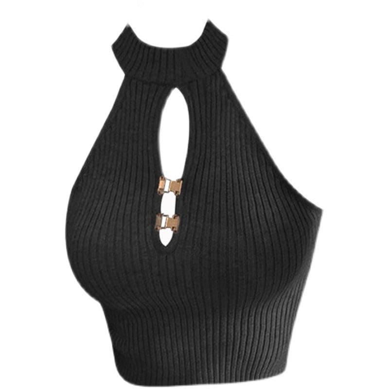 Black Ribbed Halter Top - S / Black - Tops